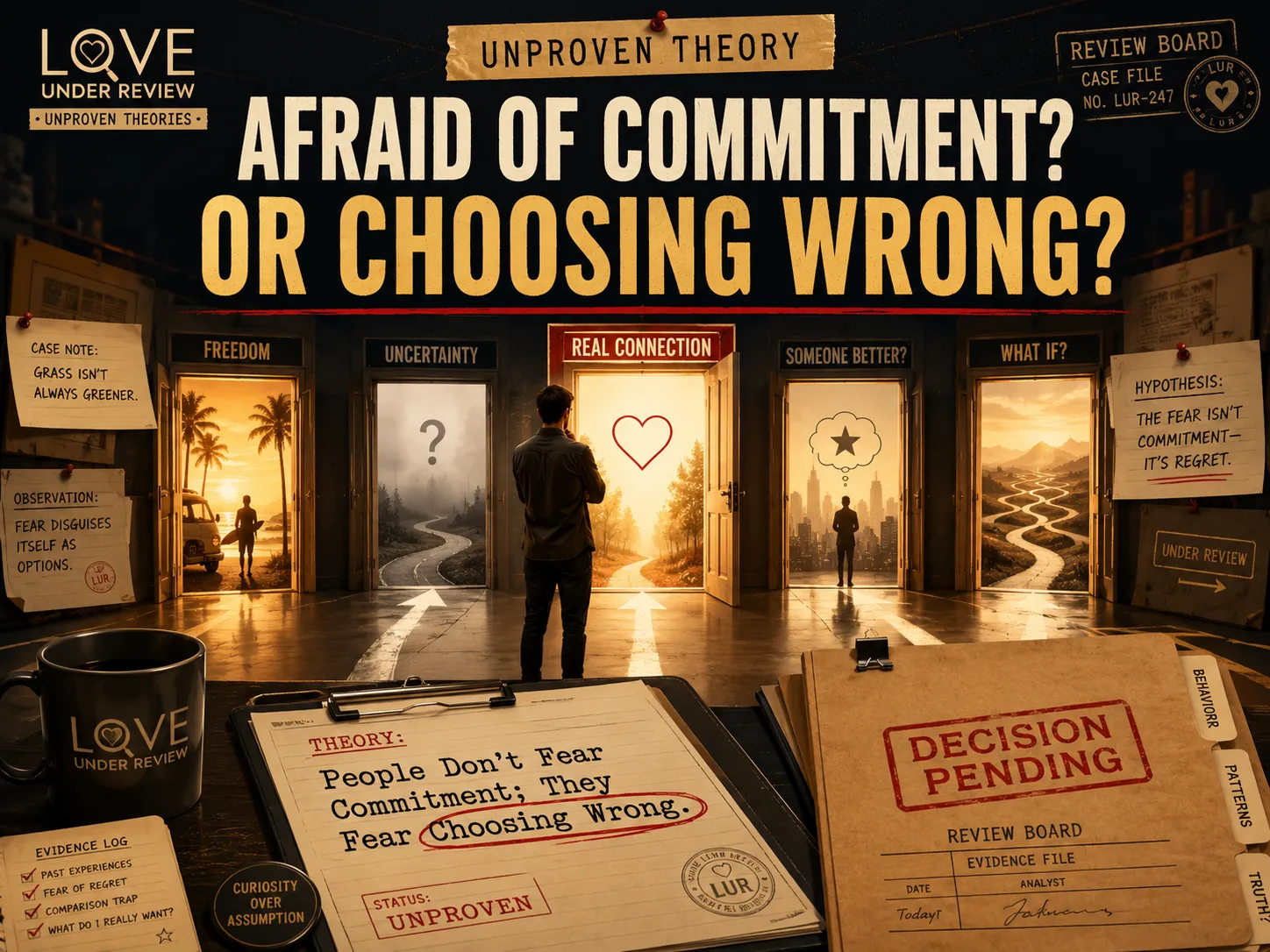 A person stands before several symbolic doors labeled with different relationship possibilities beneath the headline “Afraid of Commitment or Choosing Wrong?”