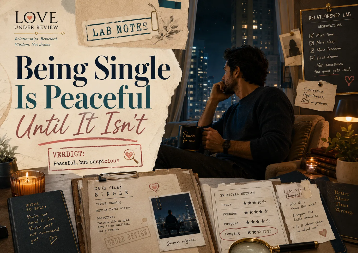 A Love Under Review Lab Notes collage showing a man alone at night with case files, emotional metrics, and the title Being Single Is Peaceful Until It Isn’t.