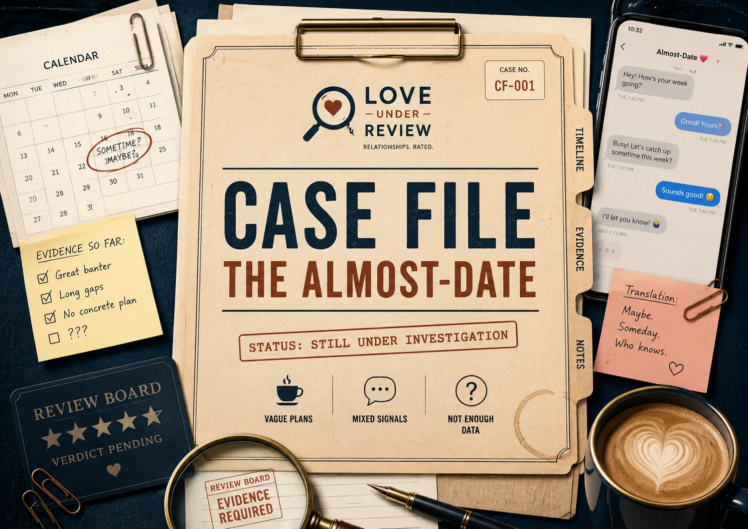Stylized Love Under Review case file for “The Almost-Date,” featuring vague text messages, an unconfirmed calendar date, evidence notes, and a still-under-investigation stamp.