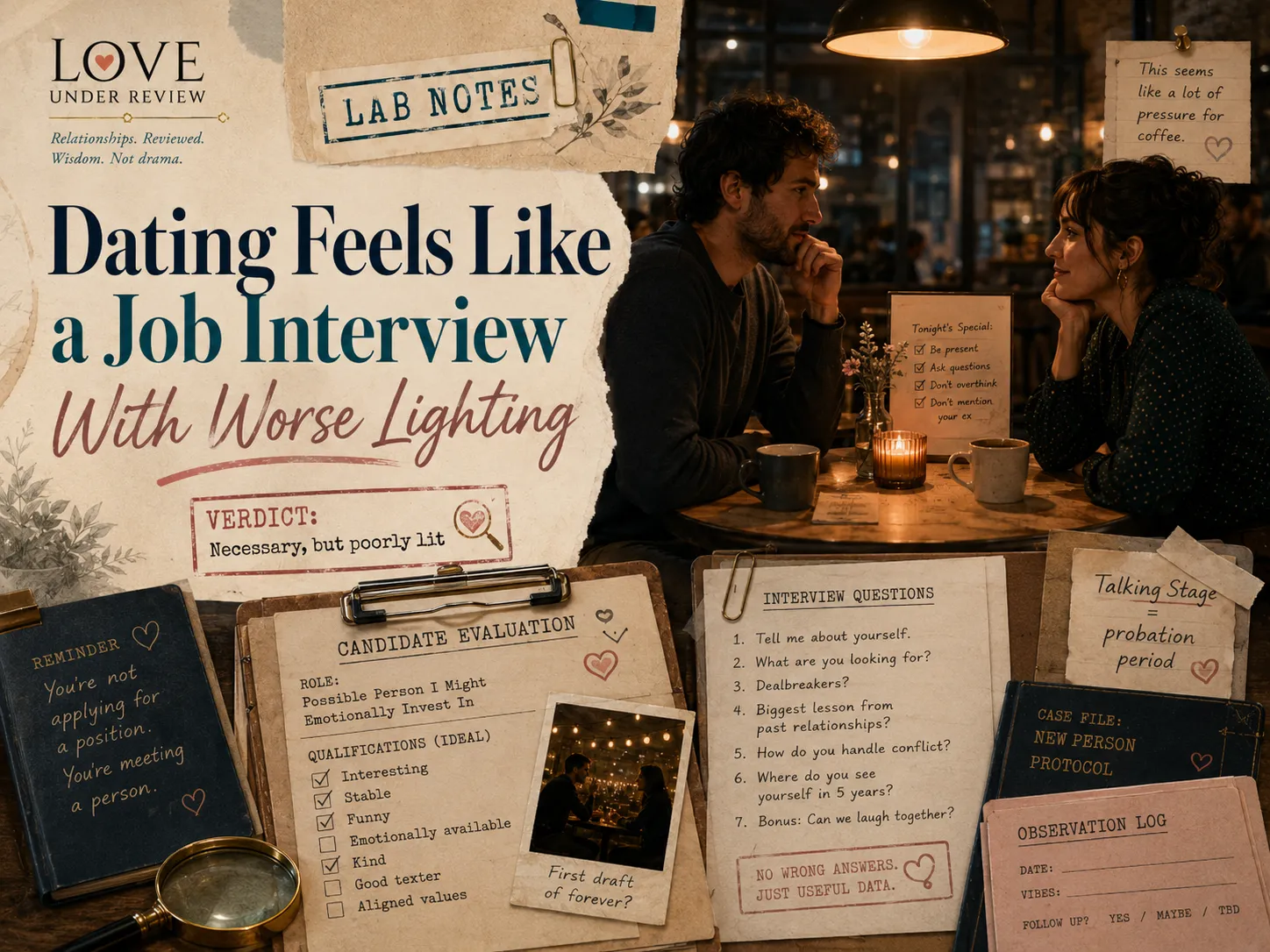 A Love Under Review Lab Notes collage showing two people on a date in a cozy café, surrounded by interview-style notes, evaluation sheets, and the title Dating Feels Like a Job Interview With Worse Lighting.