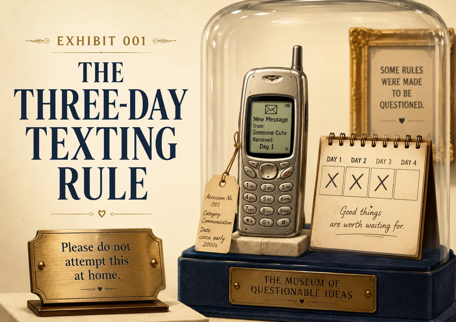 Museum-style exhibit featuring a vintage mobile phone, a calendar with three crossed-out days, and the title “Exhibit 001: The Three-Day Texting Rule.”