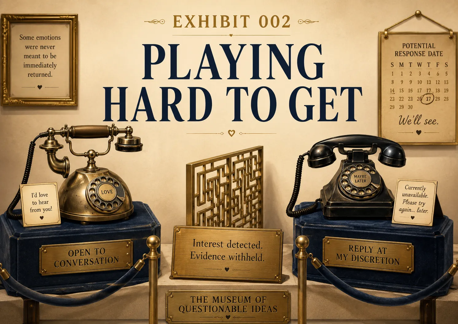 Museum-style exhibit featuring two vintage telephones separated by a barrier beneath the title “Exhibit 002: Playing Hard to Get.”