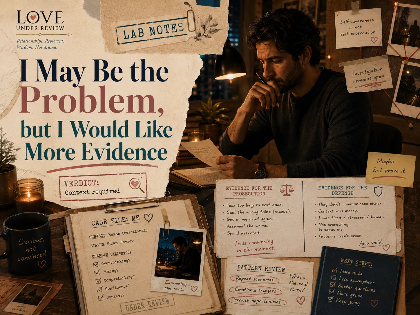 A Love Under Review Lab Notes collage showing a man examining case files labeled Evidence for the Prosecution and Evidence for the Defense beneath the title I May Be the Problem, but I Would Like More Evidence.