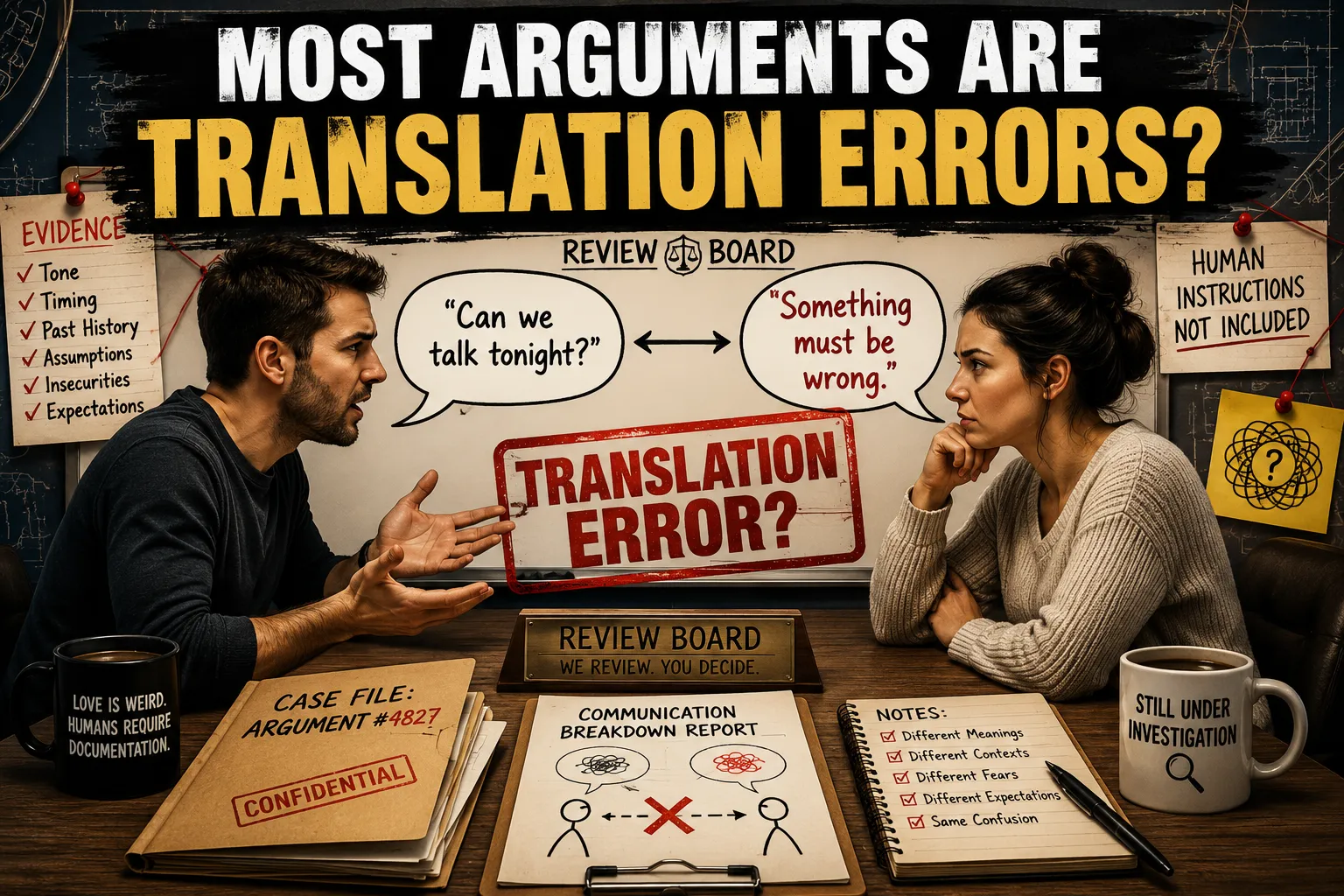 A man and woman interpret the same conversation differently at a fictional Review Board table beneath the headline “Most Arguments Are Translation Errors?”