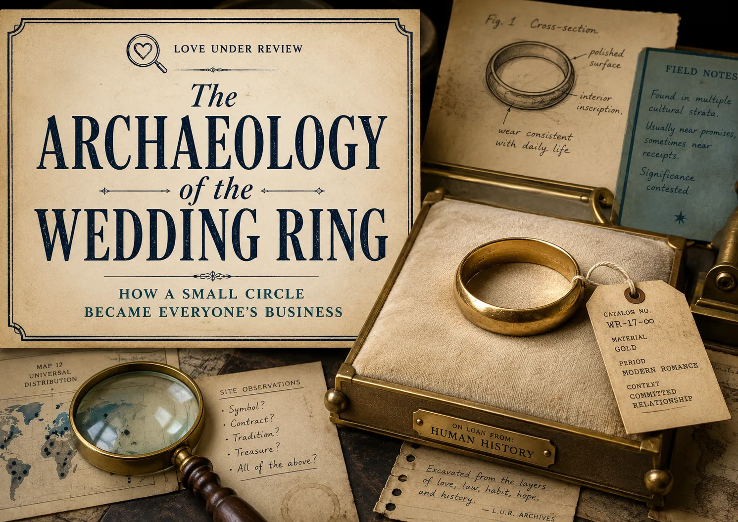 A gold wedding ring displayed like a museum artifact beside archival notes and a magnifying glass, with the title “The Archaeology of the Wedding Ring.”
