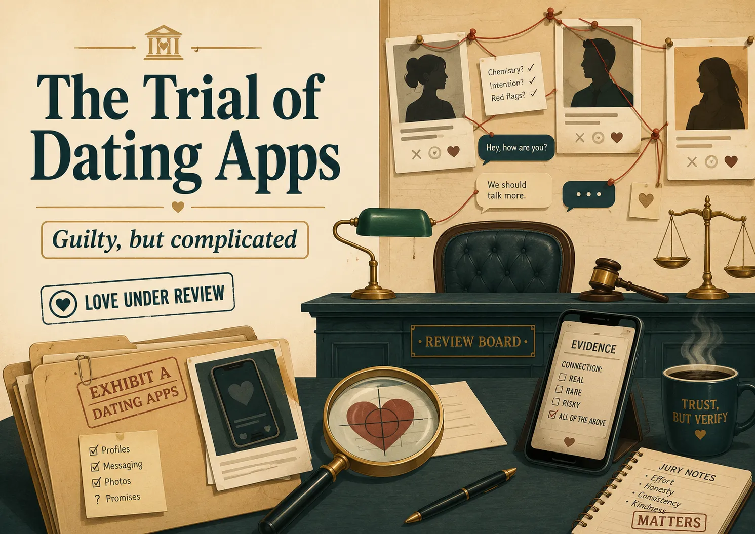 Illustrated courtroom evidence board for “The Trial of Dating Apps,” showing dating profile cards, chat bubbles, a gavel, a magnifying glass over a heart, and the verdict “Guilty, but complicated.”