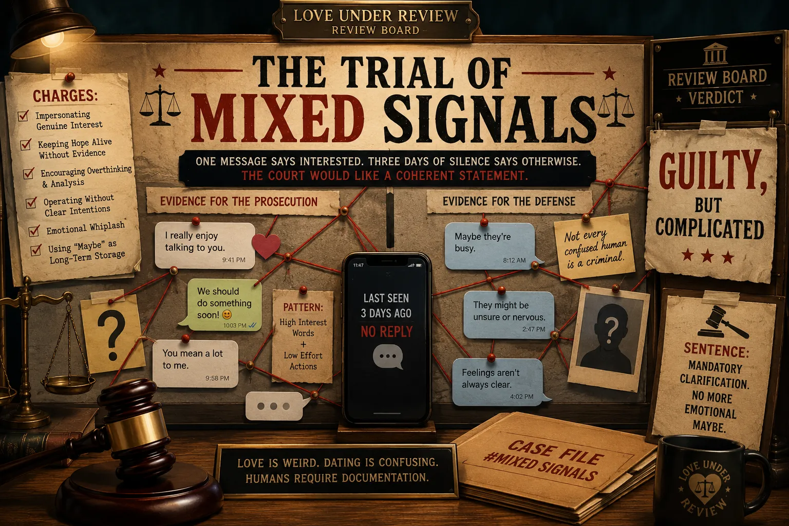 Courtroom-style evidence board for “The Trial of Mixed Signals,” showing contradictory messages, three days of silence, a gavel, case files, and the verdict “Guilty, but complicated.”