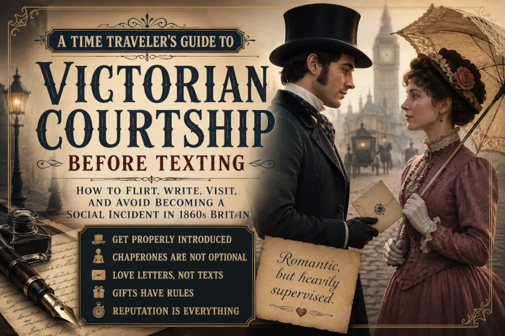 Illustrated Victorian couple exchanging a letter on a London street beside the title “A Time Traveler’s Guide to Victorian Courtship Before Texting.”