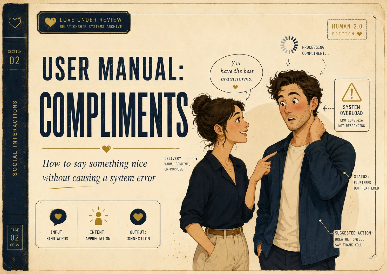 Illustrated user manual page showing a woman giving a compliment to a visibly flustered man while system alerts label his reaction as a compliment-processing error.