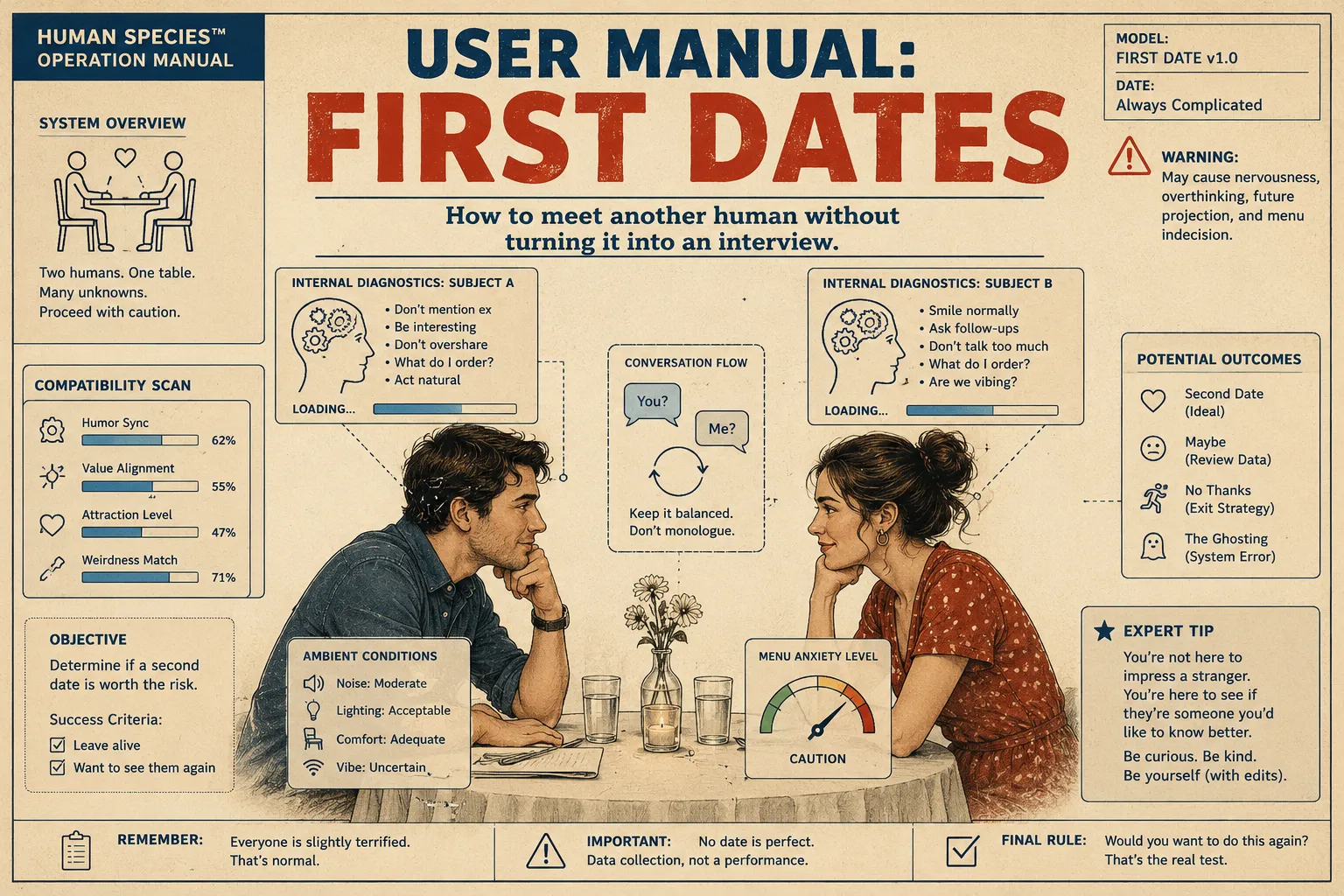 Vintage-style first-date user manual showing two people seated across a café table while diagrams track conversation flow, compatibility, menu anxiety, and possible outcomes.